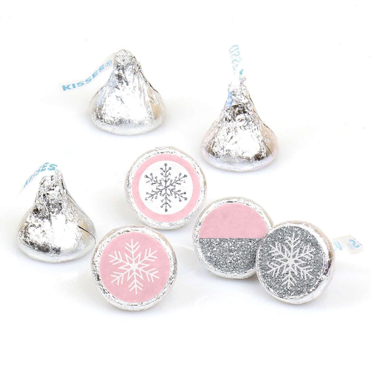 Big Dot of Happiness Pink Winter Wonderland - Snowflake Party or Baby Shower Round Candy Sticker Favors - Labels Fits Chocolate Candy (1 Sheet of 108)